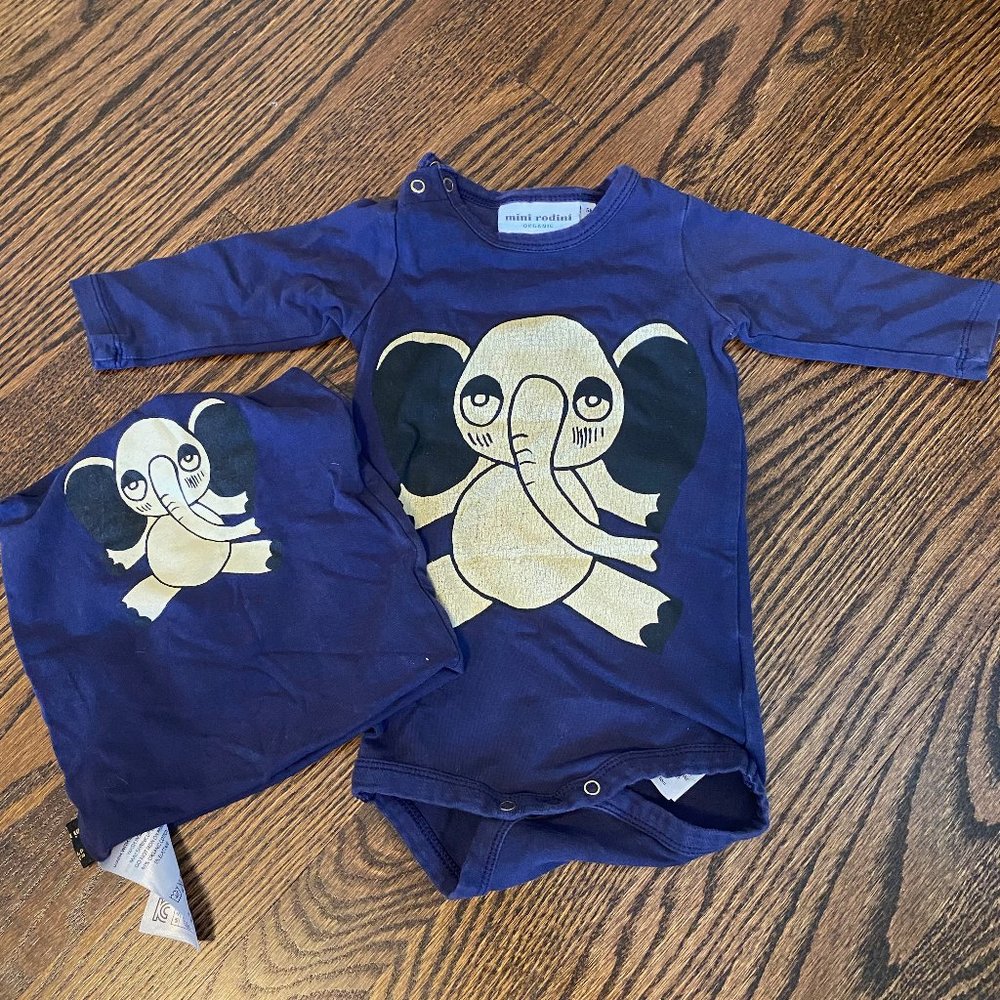 Mini Rodini elephant onesie and hat